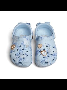 LoveShackFancy Light Blue Floral Clogs with Gold Charms